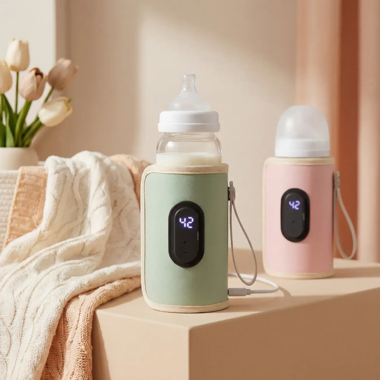 Amari Portable Bottle Warmer with LED temperature display in sage green