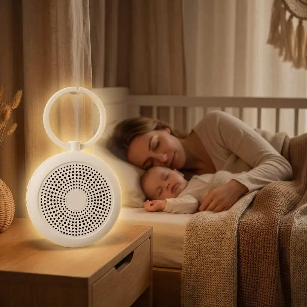 Amari White Noise Machine on a bedside table next to a sleeping parent