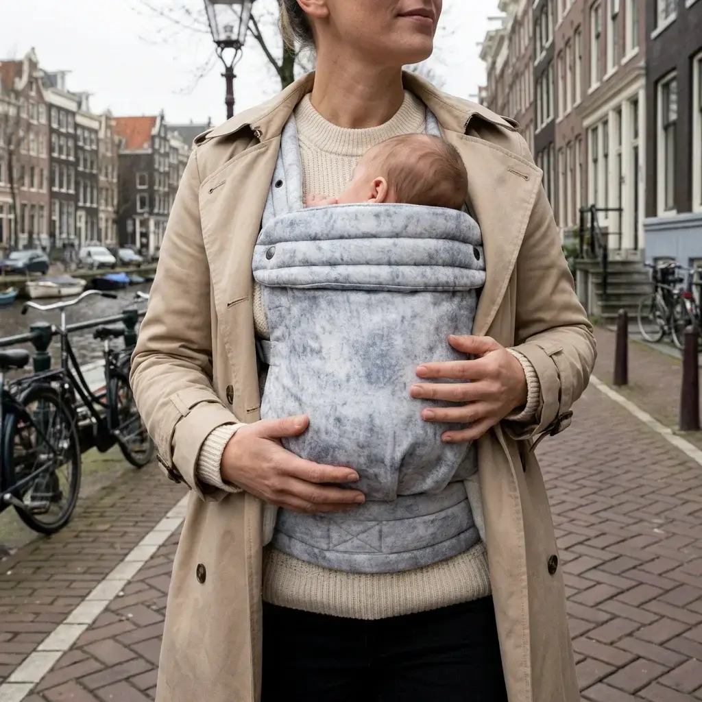 Parent carrying baby in the Amari Washed Denim Carrier outdoors