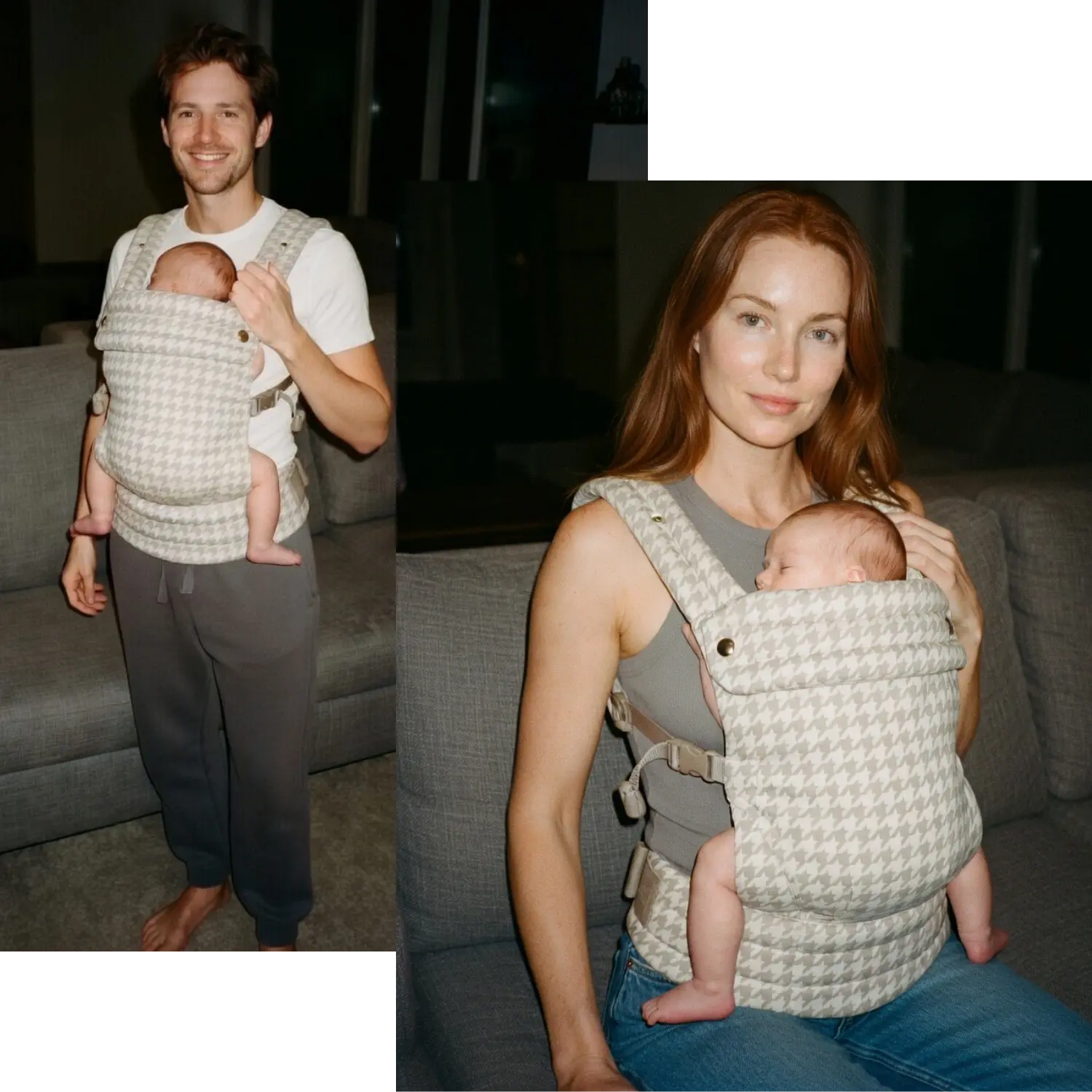 Parent wearing the Amari Houndstooth Baby Carrier with baby