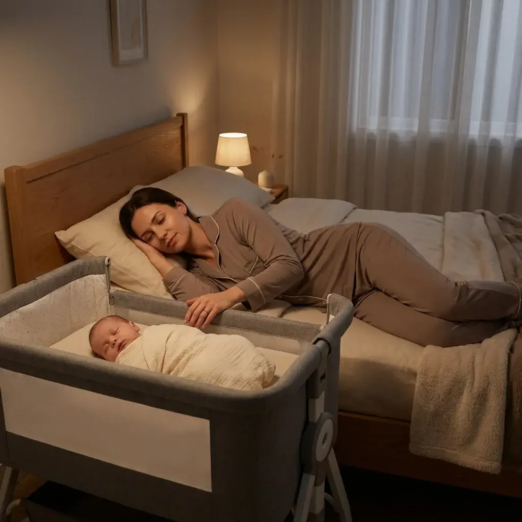 Amari Co-Sleeper cot attached to bedside with breathable mesh panel